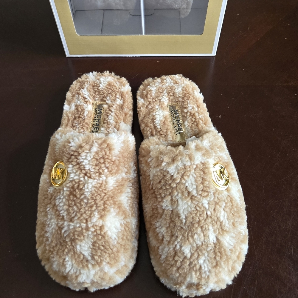 Michael Kors Tan Plush Slippers with Gold Accent